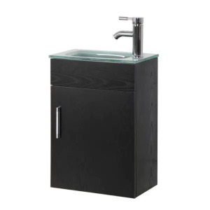 SHEFFIELD FLOATING VANITY IN BLACK WITH TEMPERED FROSTED GLASS VANITY TOPO