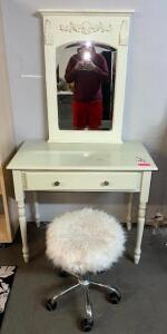 WHITE VANITY WITH MIRROR AND CHAIR