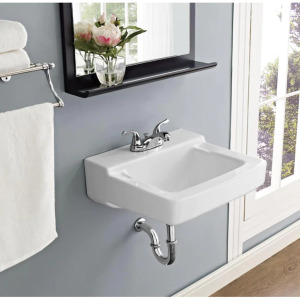 WHITE WALL MOUNT SQUARE BATHROOM SINK WITH OVERFLOW DRAIN