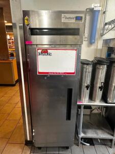 DESCRIPTION DELFIELD SINGLE DOOR REACH IN COOLER BRAND / MODEL: DELFIELD 6025XL-84 ADDITIONAL INFORMATION ON AND WORKING. 115 VOLT, 1 PHASE LOCATION K