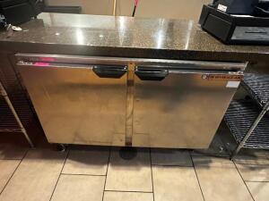 DESCRIPTION BEVERAGE AIR 48" TWO DOOR UNDER COUNTER COOLER. BRAND / MODEL: BEVERAGE AIR UCR48A-23 ADDITIONAL INFORMATION ON AND WORKING. 115 VOLT, 1 P