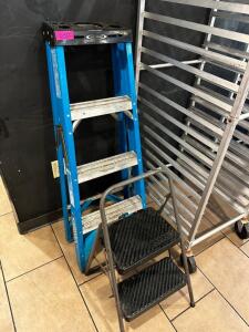 DESCRIPTION 4' FIBERGLASS LADDER AND (1) STEP LADDER THIS LOT IT: ONE MONEY LOCATION FRONT QTY 1