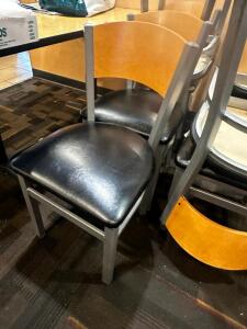 DESCRIPTION (8) METAL FRAME CHAIRS W/ WOODEN BACK AND PADDED SEAT CUSHIONS. ADDITIONAL INFORMATION CUSHIONS ALL HAVE NORMAL WEAR AND TEAR. THIS LOT IT