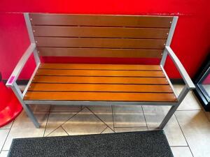 DESCRIPTION 48" METAL FRAMED BENCH SEAT W/ WOODEN SEAT AND BACK. LOCATION FRONT QTY 1