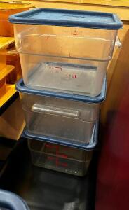 DESCRIPTION (3) 12 QT PLASTIC CONTAINERS W/ LIDS THIS LOT IT: SOLD BY THE PIECE SIZE 12 QT LOCATION FRONT QTY 3