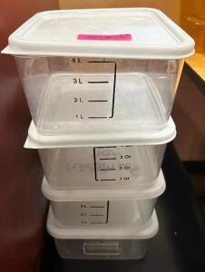 DESCRIPTION (4) 4 QT PLASTIC CONTAINERS W/ LIDS THIS LOT IT: SOLD BY THE PIECE SIZE 4 QT LOCATION FRONT QTY 4