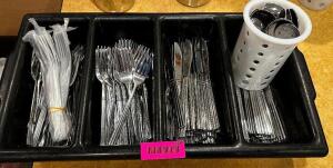 DESCRIPTION FOUR GROUP SILVERWARE CADDY W/ CONTENTS. ADDITIONAL INFORMATION APPROX 100 FORKS AND KNIVES THIS LOT IT: ONE MONEY LOCATION FRONT QTY 1