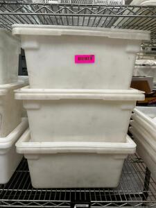 DESCRIPTION (5) 8 GALLON PLASTIC CONTAINERS W/ LIDS THIS LOT IT: SOLD BY THE PIECE LOCATION KITCHEN QTY 5