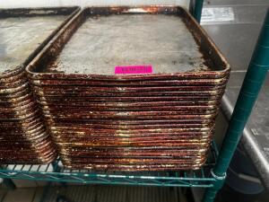 DESCRIPTION (24) HALF SIZE SHEET PANS THIS LOT IT: SOLD BY THE PIECE SIZE HALF SIZE KITCHEN LOCATION KITCHEN QTY 24