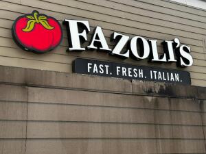 DESCRIPTION "FAZOLI'S FAST FRESH ITALIAN" 12' LIGHTED STORE SIGN ADDITIONAL INFORMATION CAN REACH THIS SIGN FROM TOP OF WALK IN. LOCATION OUTSIDE QTY