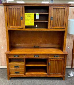 WOODEN OFFICE CREDENZA WITH HUTCH AND ELECTRICAL SUPPLY