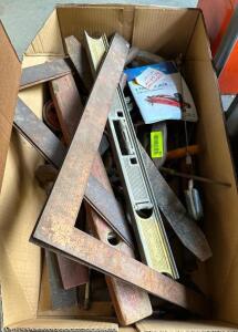 ASSORTED HAND TOOLS, LEVELS, AND CARPENTER SQUARES