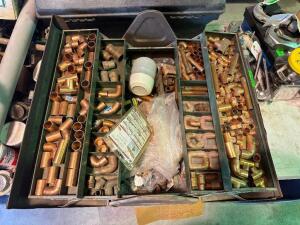 VINTAGE TOOL BOX WITH A LARGE ASSORTMENT OF COPPER FITTINGS INSIDE