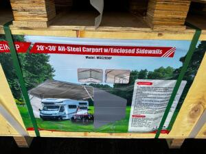 DESCRIPTION 20' X 30' ALL-STEEL CARPORT W/ ENCLOSED SIDE WALLS. BRAND / MODEL: ERIE MSC2030F ADDITIONAL INFORMATION CRATE WEIGHT 1800 LBS. NEW 2024. U