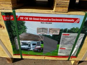 DESCRIPTION 20' X 30' ALL-STEEL CARPORT W/ ENCLOSED SIDE WALLS. BRAND / MODEL: ERIE MSC2030F ADDITIONAL INFORMATION CRATE WEIGHT 1800 LBS. NEW 2024. U