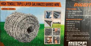 DESCRIPTION 20 ROLLS OF HIGH TENSILE TRIPLE-LAYER GALVANIZED BARBED WIRE BRAND / MODEL: DIGGIT QR4800 ADDITIONAL INFORMATION 20 ROLLS IN CRATE. 310' P