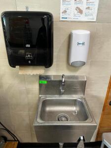 DESCRIPTION ADVANCE TABCO STAINLESS WALL SINK W/ KNEE PEDALS ADDITIONAL INFORMATION W/ TOWEL AND SOAP DISPENSERS. LOCATION FRONT QTY 1