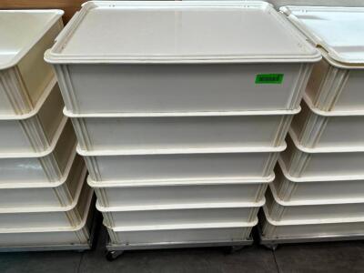 DESCRIPTION (6) CAMBRO STACKING DOUGH BOXES W/ (1) LID AND (1) DOLLY BRAND / MODEL: CAMBRO DB18266CW ADDITIONAL INFORMATION RETAIL FOR $40 PER CONTAIN