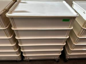 DESCRIPTION (6) CAMBRO STACKING DOUGH BOXES W/ (1) LID AND (1) DOLLY BRAND / MODEL: CAMBRO DB18266CW ADDITIONAL INFORMATION RETAIL FOR $40 PER CONTAIN