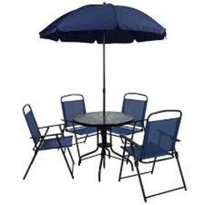 DESCRIPTION: (1) PATIO TABLE SET WITH UMBRELLA BRAND/MODEL: FLASH FURNITURE #GM-202012-NV-GG INFORMATION: NAVY BLUE, (4) CHAIRS, TABLE, UMBRELLA SET R