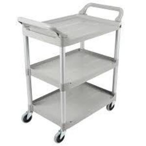 DESCRIPTION: (1) UTILITY CART BRAND/MODEL: RUBBERMAID #FG342488PLAT INFORMATION: GREY, 150 LB CAPACITY, 3 SHELVES SIZE: 34" X 19" X 38" RETAIL$: $549.