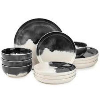 DESCRIPTION: (1) DINNERWARE SET BRAND/MODEL: THYME AND TABLE INFORMATION: WHITE WITH BLACK SWIRL SIZE: SERVICE FOR 4 RETAIL$: $50.00 EA QTY: 1