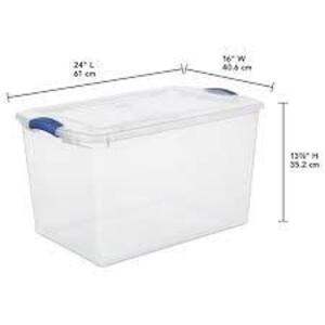 DESCRIPTION: (6) LATCH STORAGE TOTES BRAND/MODEL: STERILITE #2028 SIZE: 66 QT RETAIL$: $10.00 EA QTY: 6