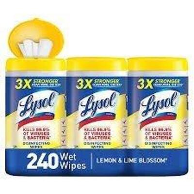 DESCRIPTION: (2) PACKS OF (3) CONTAINERS OF (80) DISINFECTING WIPES BRAND/MODEL: LYSOL INFORMATION: LEMON, 240 WIPES RETAIL$: $10.00 EA QTY: 3