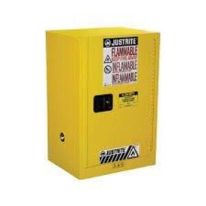 DESCRIPTION: (1) FLAMMABLE LIQUID STORAGE CABINETBRAND/MODEL: JUSTRITE #891200INFORMATION: YELLOW, 12 GAL CAPACITYSIZE: 19"D x 26"W x 36"HRETAIL$: $840.00 EAQTY: 1
