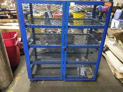 DESCRIPTION: (1) SECURITY LOCKING ROLLING STORAGE CAGE INFORMATION: BLUE, STEEL, MESH, 4 FIXED SHELVES QTY: 1