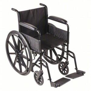 DESCRIPTION: (1) WHEELCHAIR BRAND/MODEL: DMI #38F801 INFORMATION: BLACK, VINYL, 18 IN BACK HT, CARBON STEEL,250 LB CAPACITY SIZE: 18" SEAT WD X 16" SE