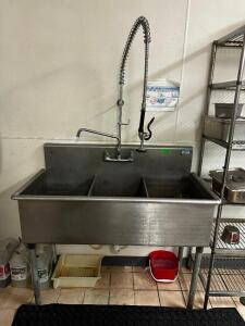 50" THREE WELL STAINLESS POT SINK W/ SPRAYER.