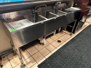 7' FOUR WELL STAINLESS BAR SINK W/ (2) FAUCETS.