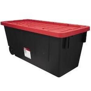 DESCRIPTION: (2) SNAP LID, WHEELED TOTES BRAND/MODEL: HYPER TOUGH #206308 INFORMATION: BLACK AND RED, PLASTIC SIZE: 50 GALLON RETAIL$: $62.25 EA QTY: