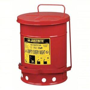 DESCRIPTION: (1) OILY WASTE CAN BRAND/MODEL: JUSTRITE #2AX55 INFORMATION: RED, POWDER COATED STEEL, FOOT OPERATED SELF CLOSING SIZE: 6 GAL CAPACITY RE