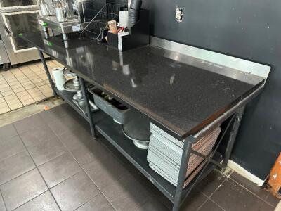 8' X 34" STAINLESS TABLE W/ BLACK STONE SLAB TOP.