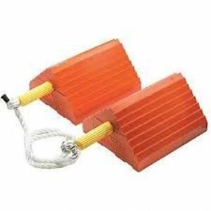 DESCRIPTION: (4) WHEEL CHOCKS BRAND/MODEL: CHECKERS INFORMATION: ORANGE SIZE: 8"W 5"H 8"D RETAIL$: $47.30 EA QTY: 4