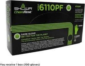 DESCRIPTION: (1) BOX OF APPROX (6) BOXES OF (100) DISPOSABLE GLOVES BRAND/MODEL: SHOWA #6110PF INFORMATION: CHEMICAL RESISTANT SIZE: LARGE RETAIL$: $1