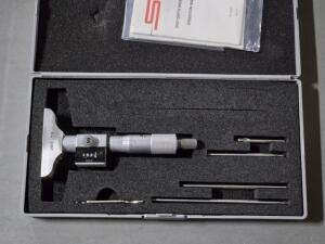 DESCRIPTION: (1) MECHANICAL DEPTH MICROMETER BRAND/MODEL: SPI 17-819-4 INFORMATION: RATCHET STOP THIMBLE SIZE: 4" RANGE 4 ROD 2-1/2" BASE LENGTH RETAI