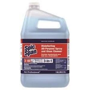 DESCRIPTION: (2) DISINFECTING ALL PURPOSE SPRAY AND GLASS CLEANER BRAND/MODEL: SPIC AND SPAN 3-00 SIZE: 1 GALLON RETAIL$: $169.95 EA QTY: 2