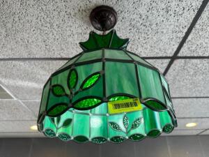 1960'S ERA VINTAGE GREEN STAINED GLASS PENDANT LIGHT.