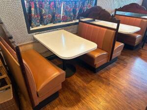 (4) GROUP " L " 48" SHAPED BOOTH SEATING LINE WITH LARGER CORNER BOOTH SEAT. COMES WITH TABLES.