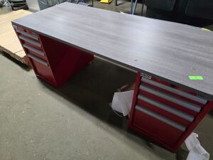 DESCRIPTION: (1) DESK TOP WITH TOOL STORAGE CARTS FOR LEGSBRAND/MODEL: LISTAINFORMATION: (2) LISTA CABINETS W/WOOD TOP, RED TOOL BOX, 4 DRAWERS, WOOD DESK TOP, SEE INSPECTIONRETAIL$: $25000.00 TOTALQTY: 1