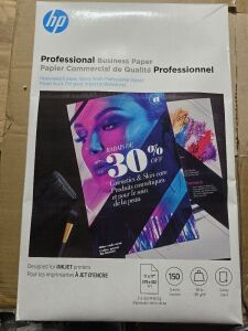 DESCRIPTION: (5) PACKS OF (150) PROFESSIONAL BUSINESS PRINTING PAPER BRAND/MODEL: HP INFORMATION: WHITE SIZE: 11 X 17" RETAIL$: $95.99 EA QTY: 5