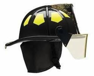 DESCRIPTION: (1) FIRE HELMET BRAND/MODEL: BULLARD #13W088 SIZE: 6-1/2 to 8 Fits Hat Size, Black, Fiberglass, Traditional Gloss, 4 in Faceshield RETAIL