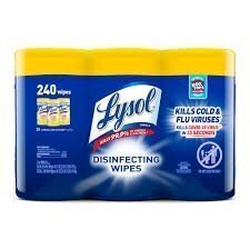 DESCRIPTION: (6) DISINFECTING WIPES BRAND/MODEL: LYSOL INFORMATION: LEMON, 240 WIPES RETAIL$: $10.00 EA QTY: 6