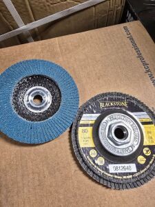 DESCRIPTION: (2) BOXES OF (5) FLAP DISC BRAND/MODEL: BLACKSTONE # 0812640 SIZE: 4.5X5/8-11 RETAIL$: $25.20 EA QTY: 2