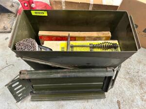 VINTAGE AMMO CRATE W/ CONTENTS - ASSORTED WELDING ROD AND HARDWARE.