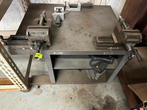 30" X 24" METAL SHOP TABLE W/ (3) MOUNTED VICES.