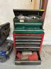 SEVEN DRAWER METAL TOOL ORGANIZER W/ SOME CONTENTS.